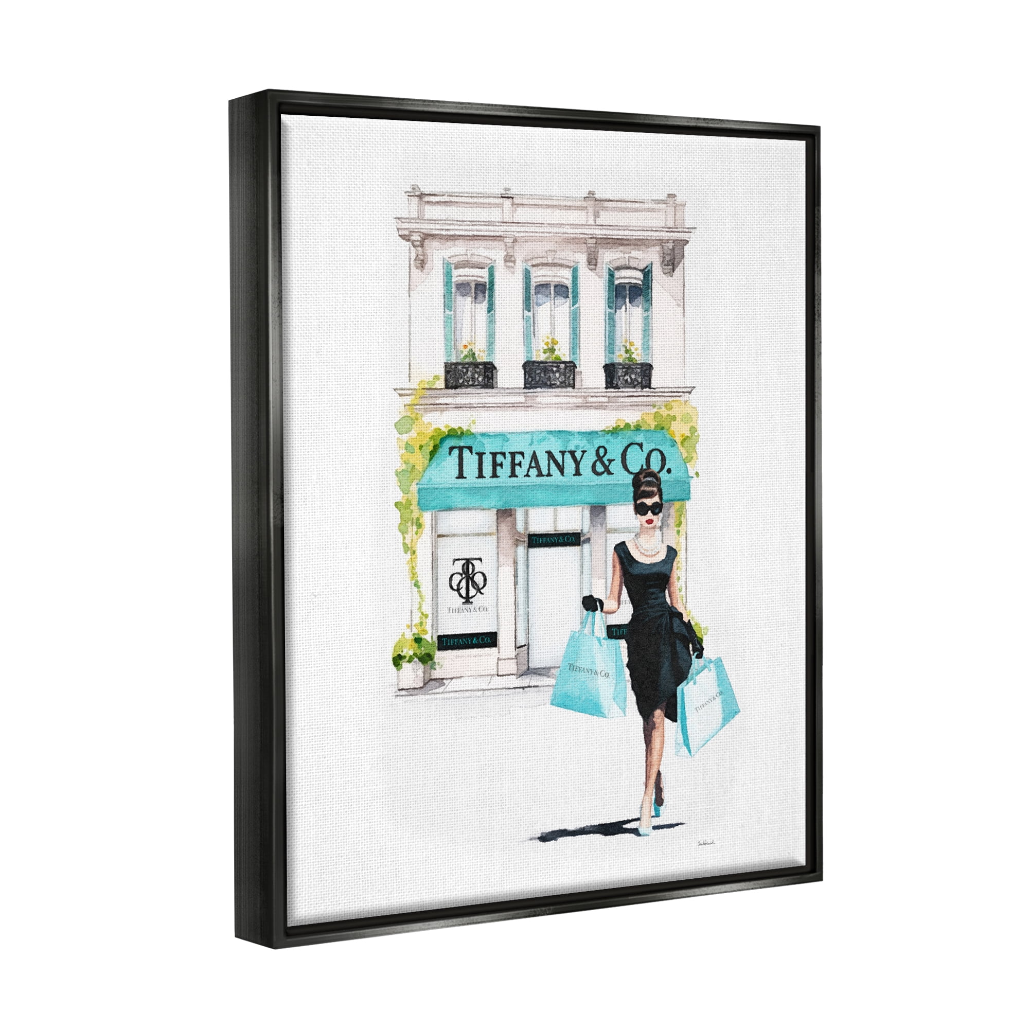 Stupell Industries Girl with Shopping Bags Town & City Painting Black Floater Framed Canvas Art Print Wall Art, 17 x 21