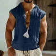 thumbnail image 3 of Lovskoo Men's Linen Shirts Casual Button Down Sleeveless Hooded Shirt V-Neck Loose Button Cotton And Linen Summer Blouse Tank Tops Navy, 3 of 7