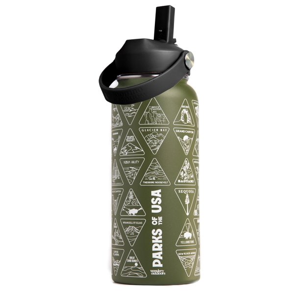 Botella De Agua De Parques Nacionales Con 63 Pegatinas Impermeables De Parques (Ee. Uu.) Botella De Agua De Acero Inoxidable Aislada Y Sellada Al Vacío De 32 Oz Para Viajes, Senderismo, Camping, Regal