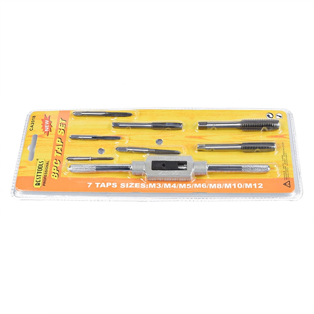 8pcs Thread Metric Machine Hand Screw Thread Plug Taps Set M3 M4 M5 M6 M8 M10 M12 with 1pcs Adjustable Tap Wrench 1/16-1/2 