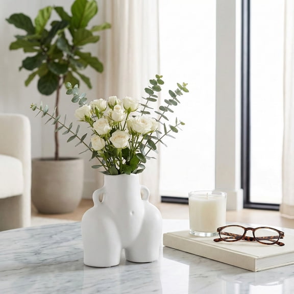 Abstract Half Body Shaped Vase for Living Room Decor - Chic Ceramic Vase for Home and Flower Arrangements - Modern Stoneware Accent for Room, Bedroom, House, and Office Table Styling - 6", White
