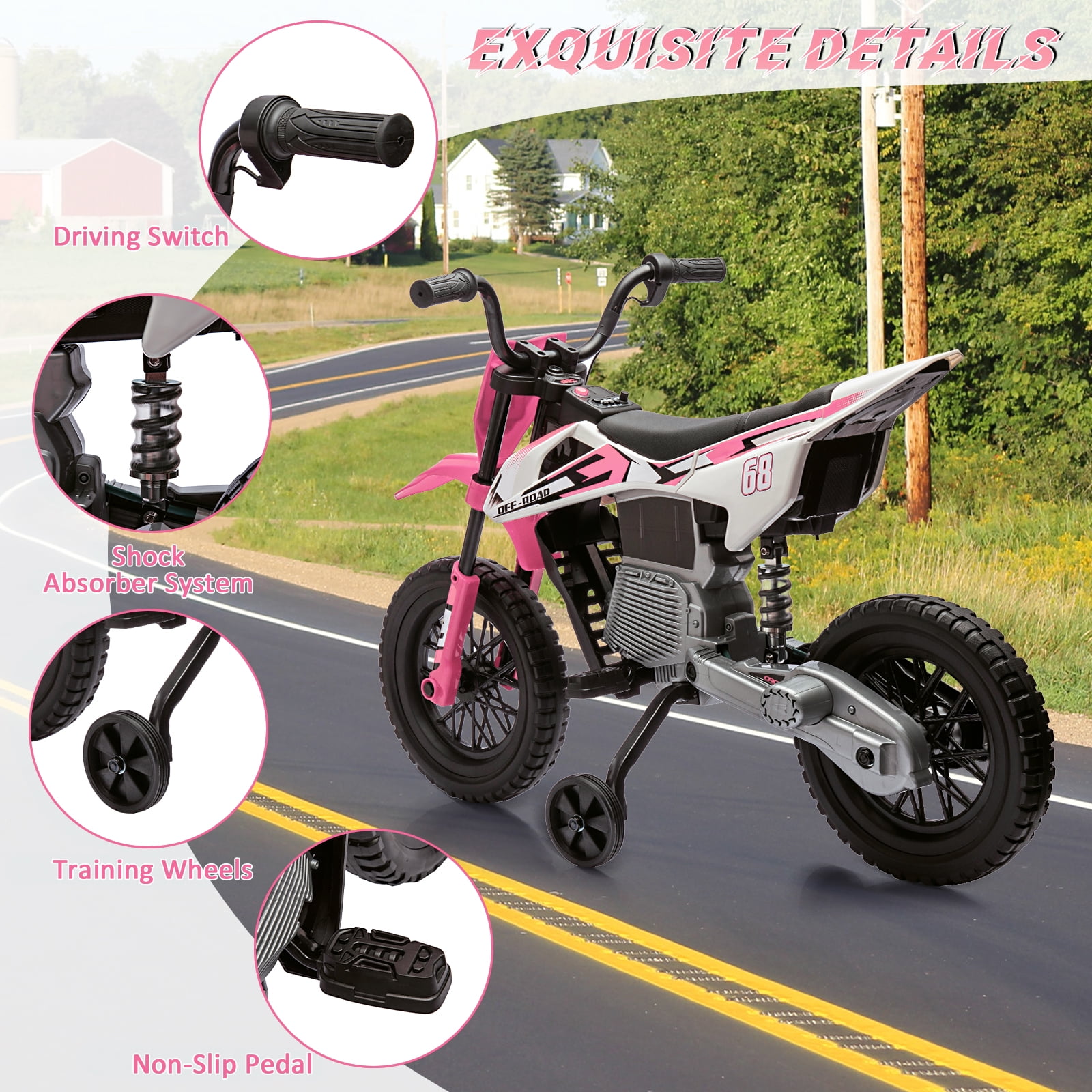 Telyswee 12V Electric Dirt Bike, Kids Electric Motorcycle with 25W*2 Motor, Twist Grip Throttle, Training Wheels, Spring Suspension, Ride on Toys Cars for Kids 3-8 Years