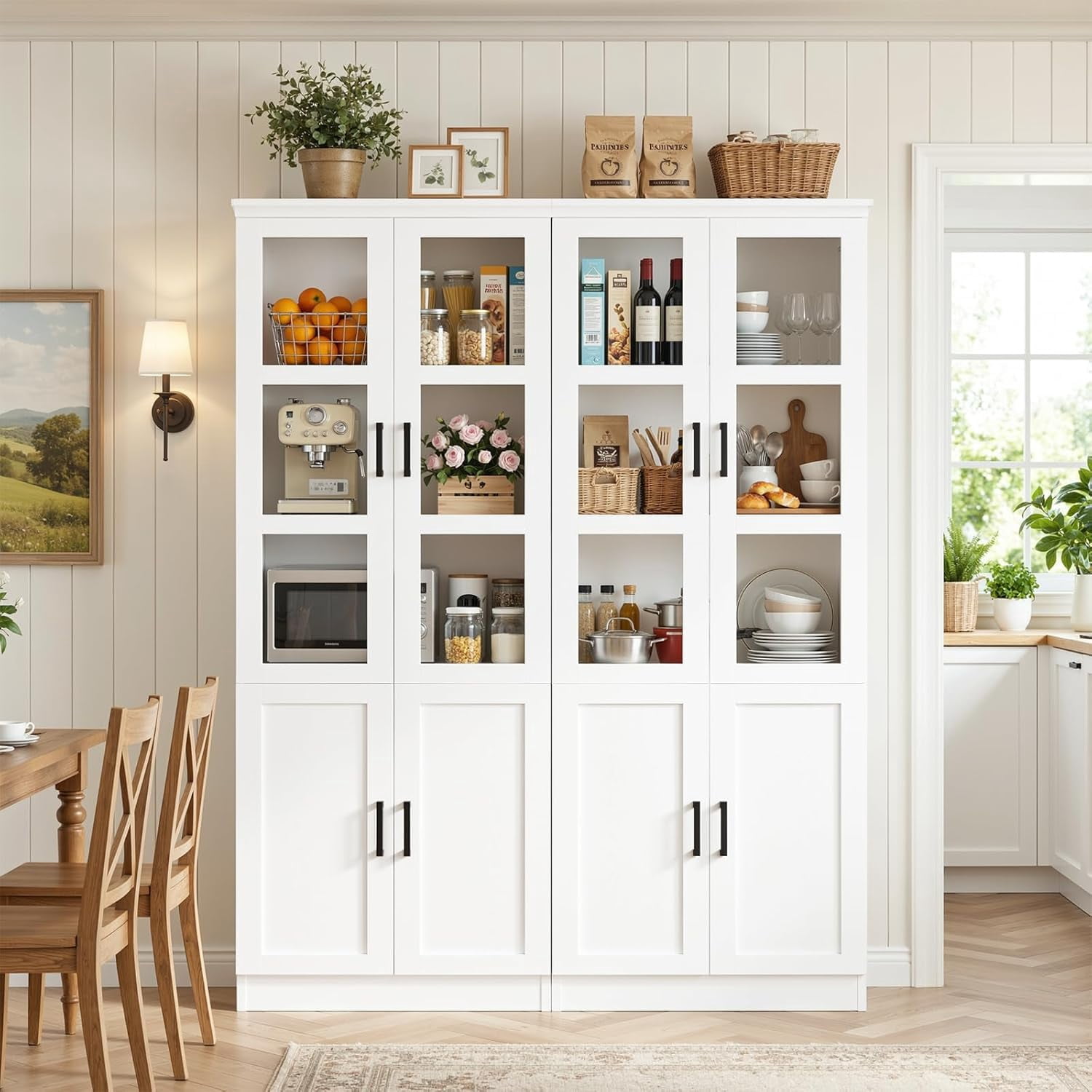 iSunirm 79.7'' Tall Pantry Cabinet with Tempered Glass Doors and Adjustable Shelves, Freestanding Kitchen Hutch Cabinet for Kitchen, Dining, Living Room, White, 2 Packs