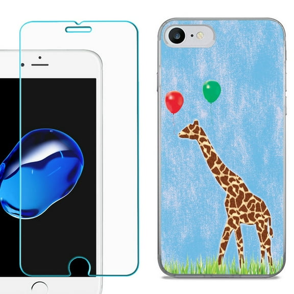 For Apple iPhone 7 / iPhone 8 Case, Slim-Fit TPU Phone Case, with Tempered Glass Screen Protector, by OneToughShield ® - Giraffe/Balloon