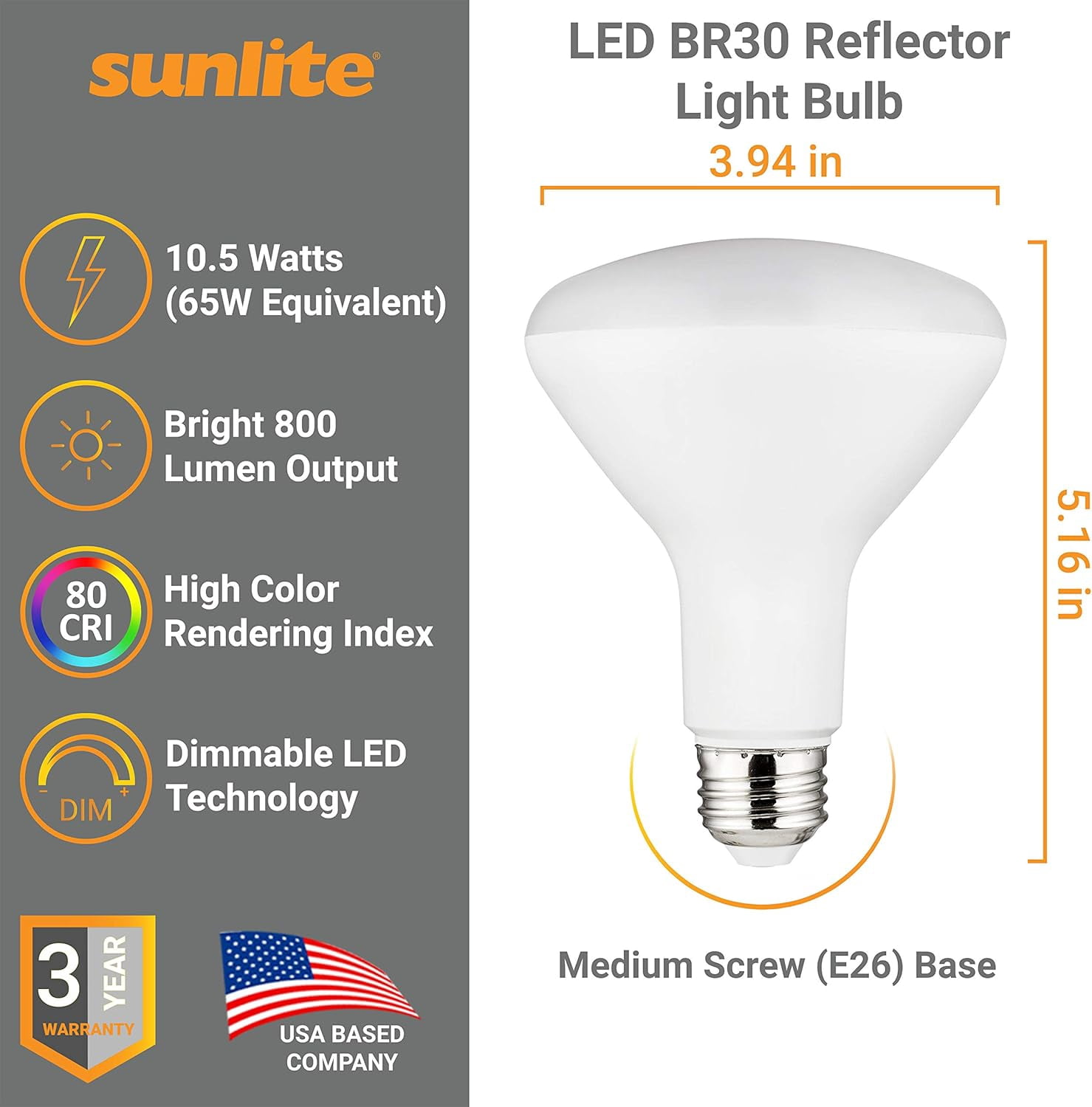 Sunlite LED BR30 Light Bulb, 10.5 Watt (65w Equiv), 800 LMNS, Medium E26 Base, Dimmable, UL Listed, 4000K Cool White, 6 Count
