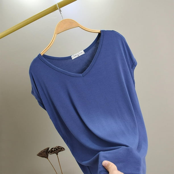 Pijama de manga corta para mujer, color liso, manga corta, camiseta fina con cuello en V, pijama de manga corta, blusa de poliéster para mujer