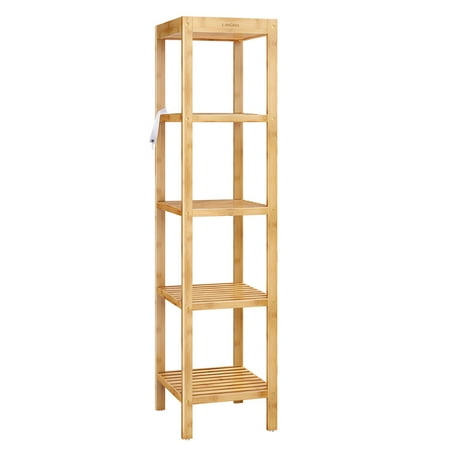 Corner Standing Shelf Bamboo Shelf 5-Tier Multi-function Utility Storage Shelving Unit, Free Standing Kitchen Rack, Corner Shelf, Display Stand for Living Room, Hallway, Balcony 14x13x57.5 Inch Natural Wood Color ()