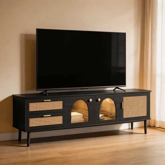 SAYGOGO Rattan TV Stand for 80" TVs, 3 Cabinets & 2 Drawers, LED Lights | Modern Media Console for Living Room, Bedroom