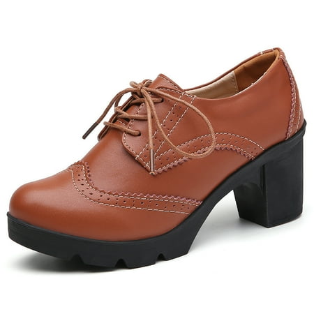 BLTIBY Women s Oxford Shoes Leather Lace-up Chunky Mid Heel Retro Carved Hollowed Out Lace Cut Round Toe Comfortable Casual Formal Work Shoes Coffee 42