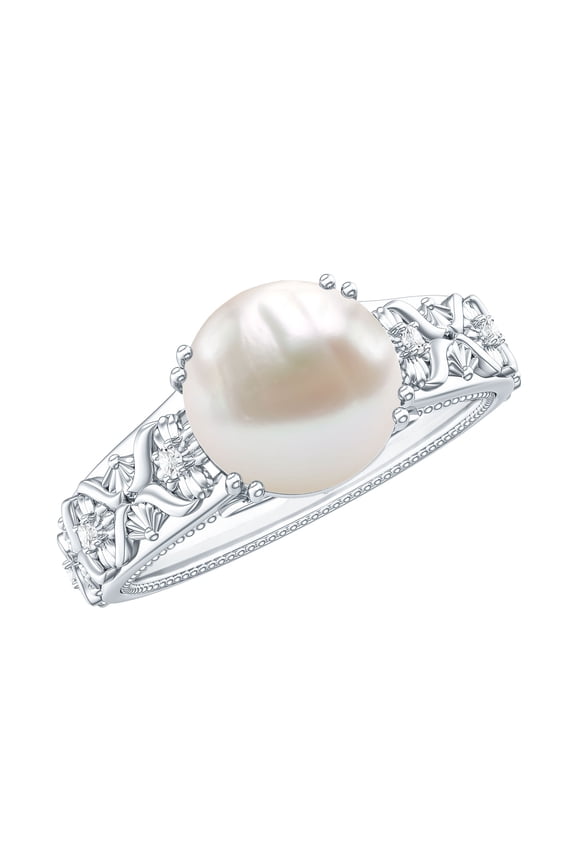 Genuine Freshwater Pearl Diamond Engagement Ring 7 Carat - Nature Inspired Ring - AAA Quality - with Jewelry Box, 925 Sterling Silver, US 10.50
