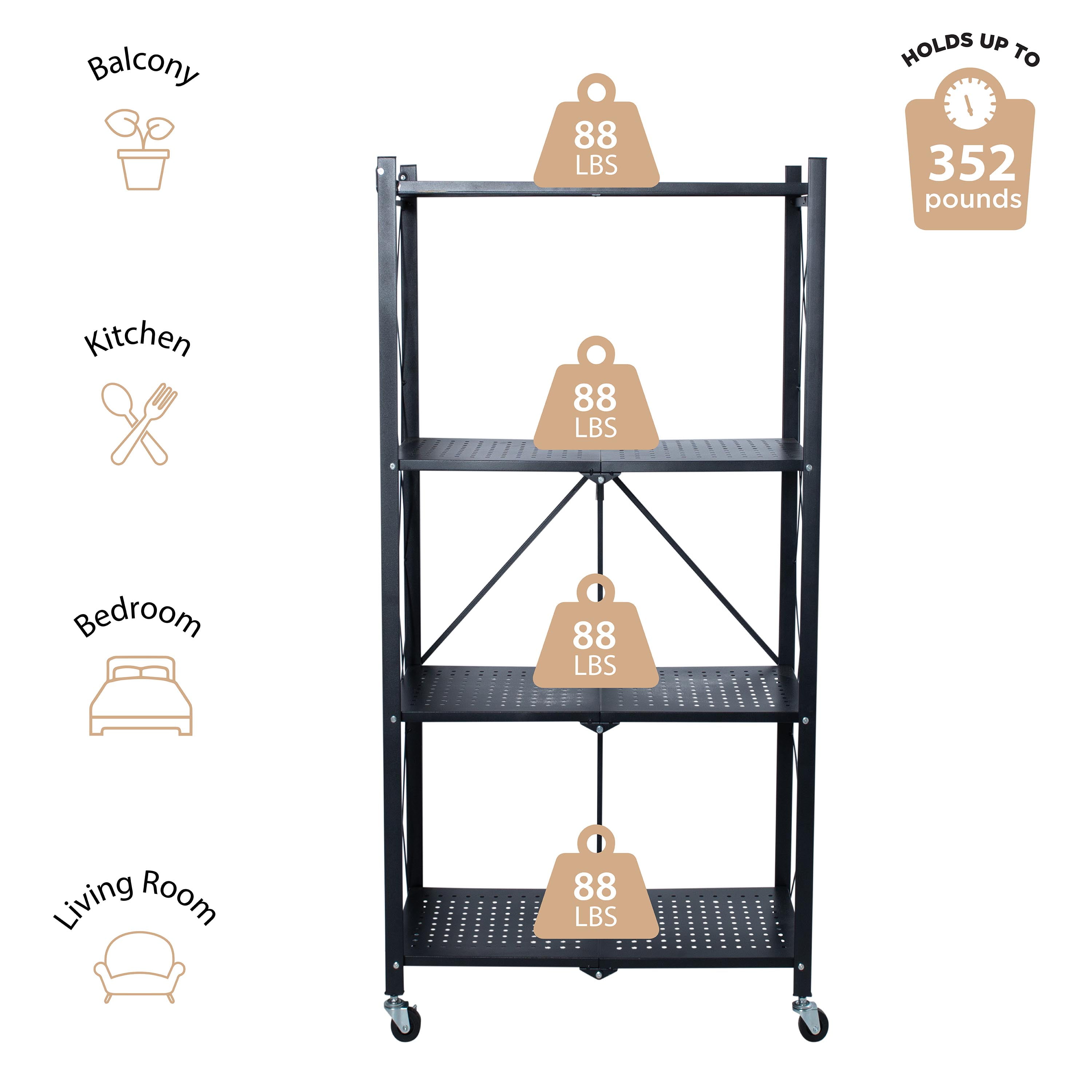 Organize It All 5 Shelf Foldable Metal Storage Shelves, Wheels, Adult,  Kitchen, Laundry Room, Black