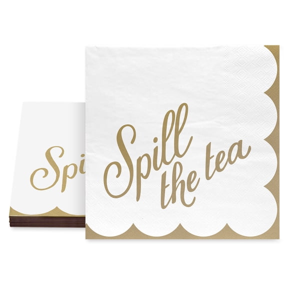 20 Count, 5IN x 5IN Disposable Tea Party Spill the Tea Napkins, Gold and White, Vintage Finds by Way to Celebrate