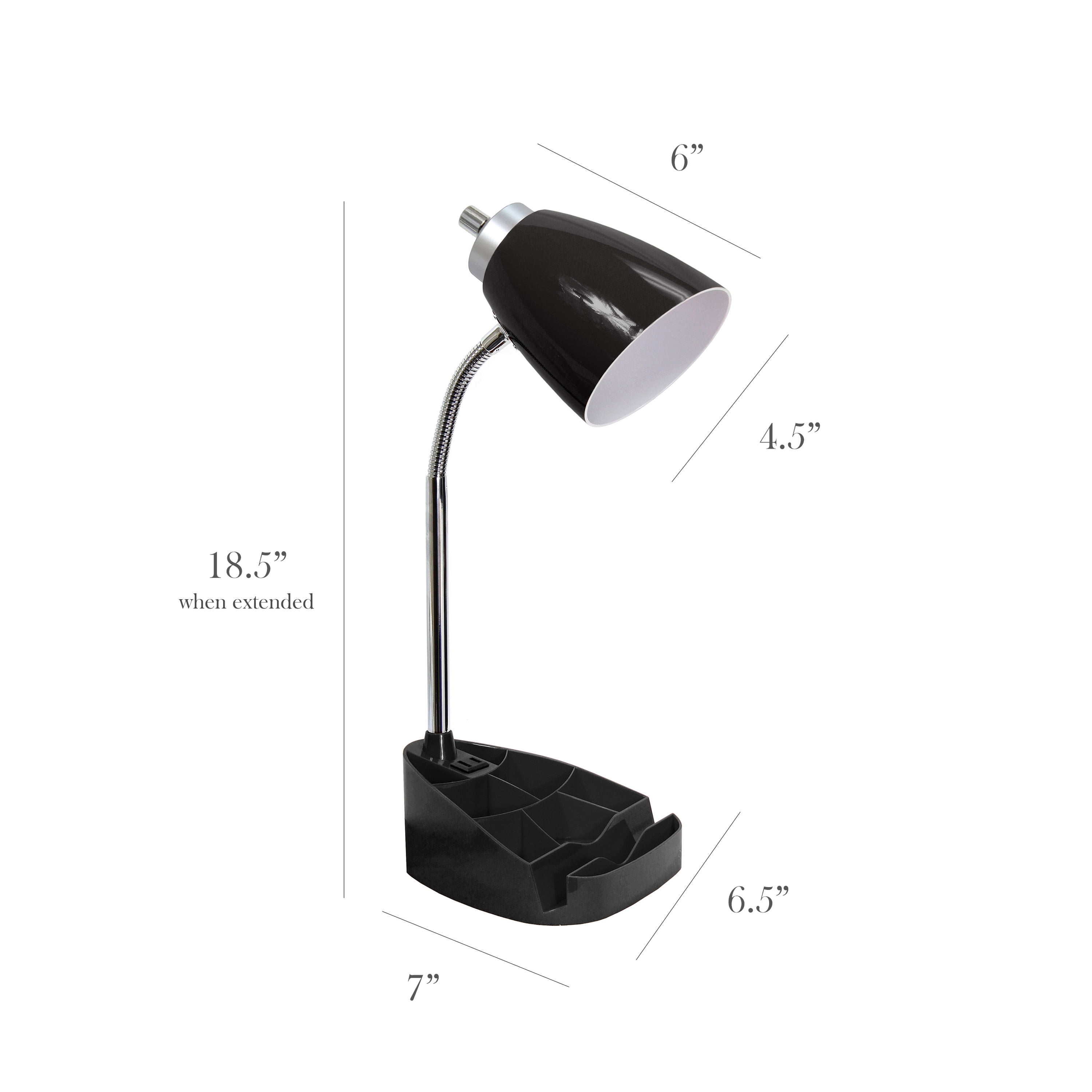 Simple Designs 18.5" Gooseneck Organizer Desk Lamp with iPad Tablet Stand Book Holder and Charging Outlet, with LED Bulb, Black