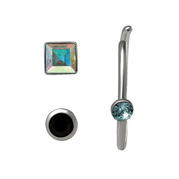 Hot Silver Women’s 22 G Surgical Steel Nose Hoop Trio – Aqua Crystal, Square Aurora, Black Crystal Accents