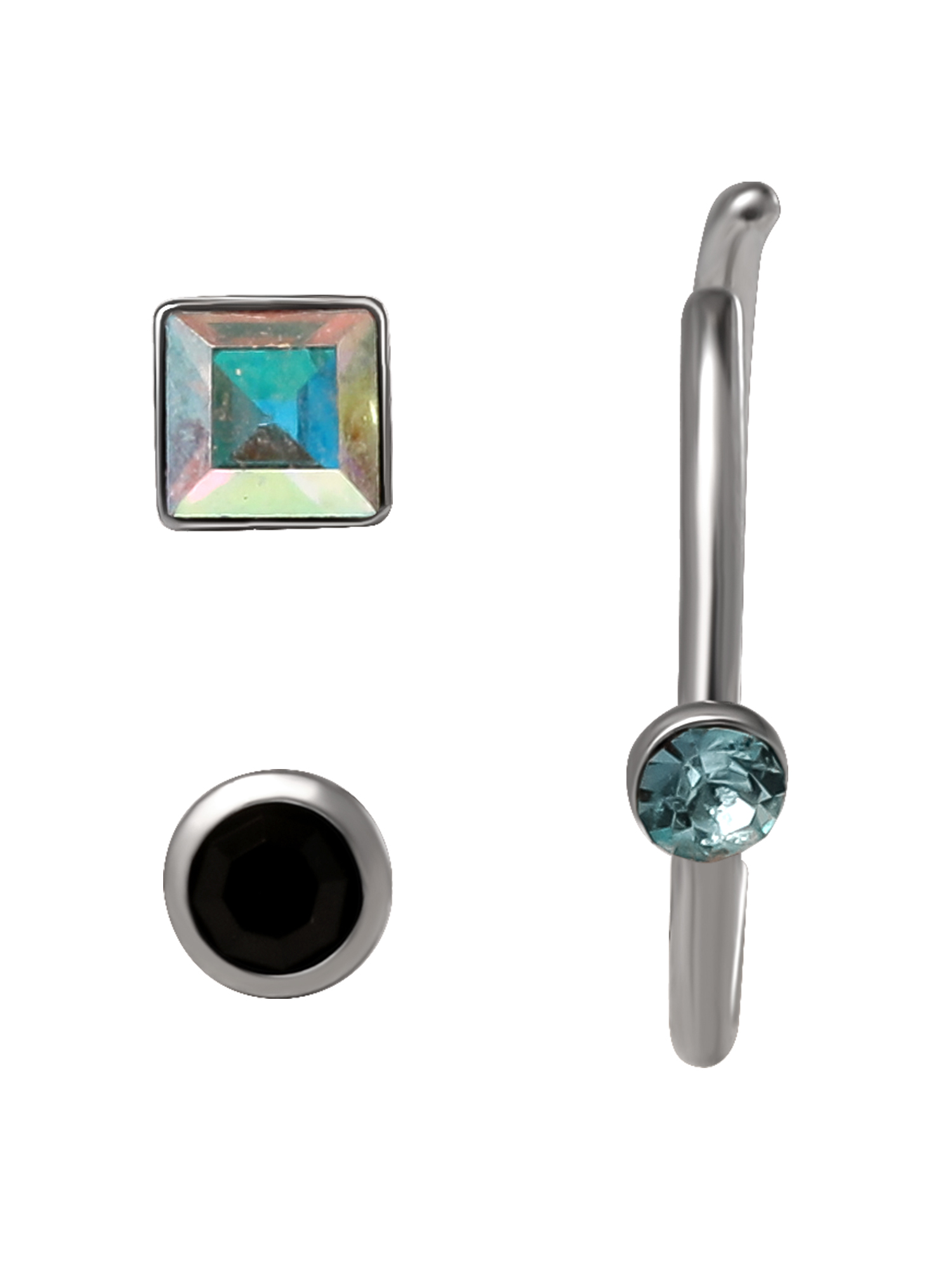 Hot Silver Women's 22G Surgical Steel Nose Hoop Trio with Aqua, Aurora, Black Crystal Accents