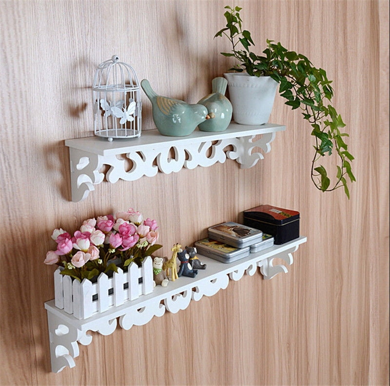 Decorative White Floating Wall Wood Shelves Shelf Display Home Decor Set of 4 