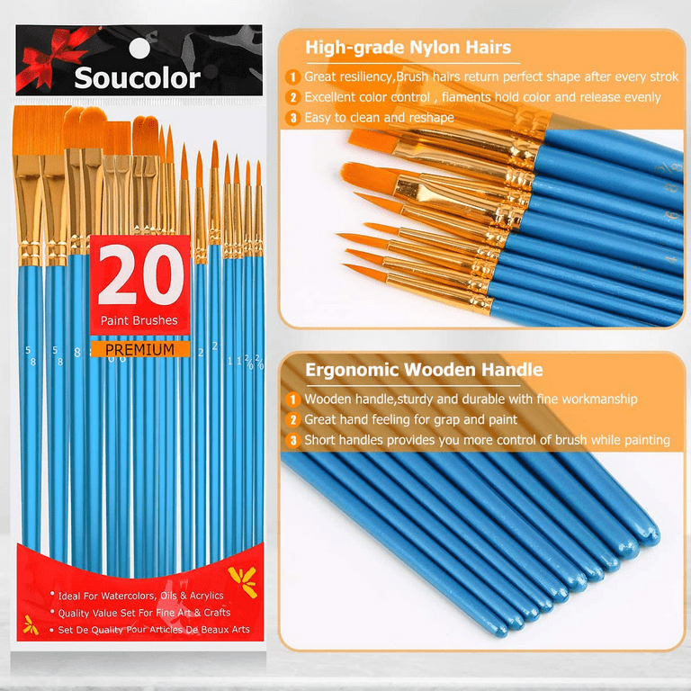  Soucolor Acrylic Paint Brushes Set, 20Pcs Round