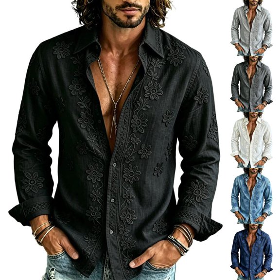 Bxsruta Men's Shirt Embroidered Long Sleeve Button Down Casual Vacation Tops