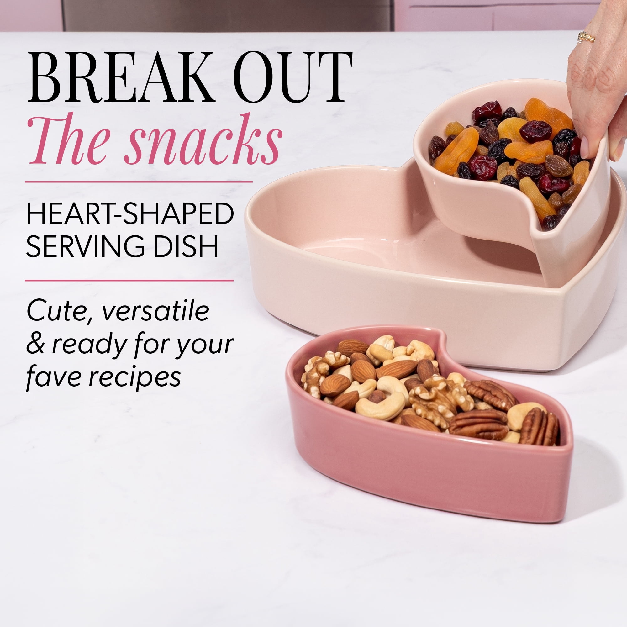 Paris Hilton 3-Piece Stoneware Heart Shaped Serving Dish Set, 5-Cup and 1.5-Cup Dishes, Microwave & Dishwasher Safe, Pink