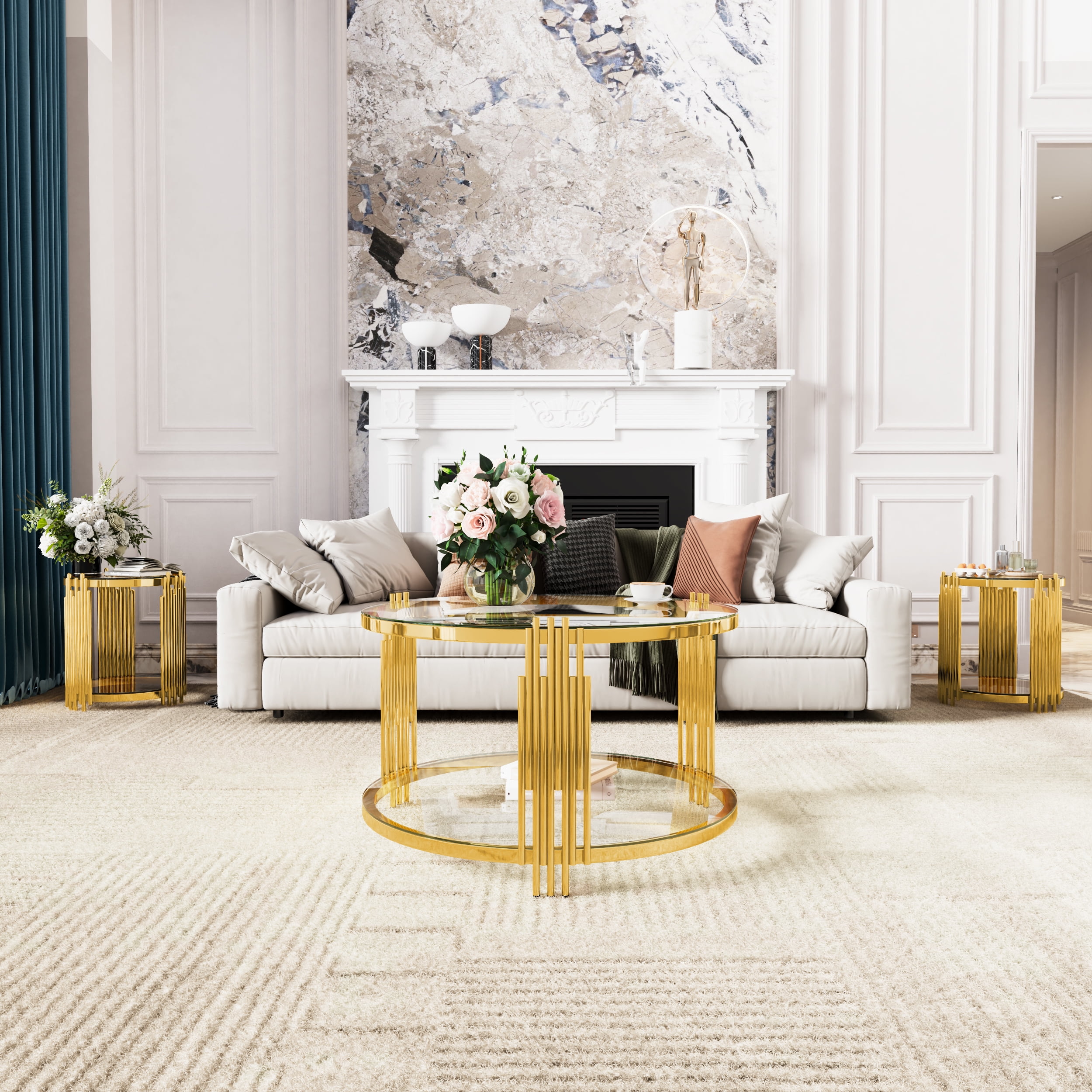 Euroco Modern Transparent Glass End Table for Living Room, Round, Asymmetrical Metal, Gold Finish & Lower Shelf, 19.8"