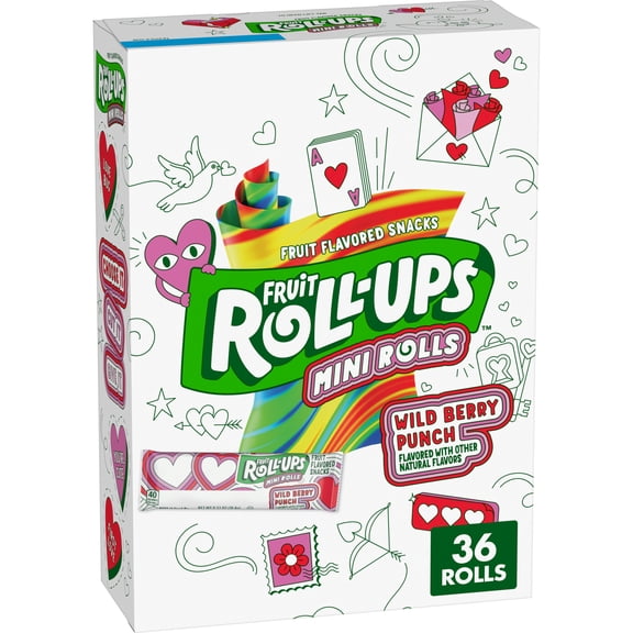 Fruit Roll-Ups Valentine Mini Rolls, Wild Berry Punch Fruit Flavored Snacks, Gluten Free Snack, 36 Ct, 13.3 oz