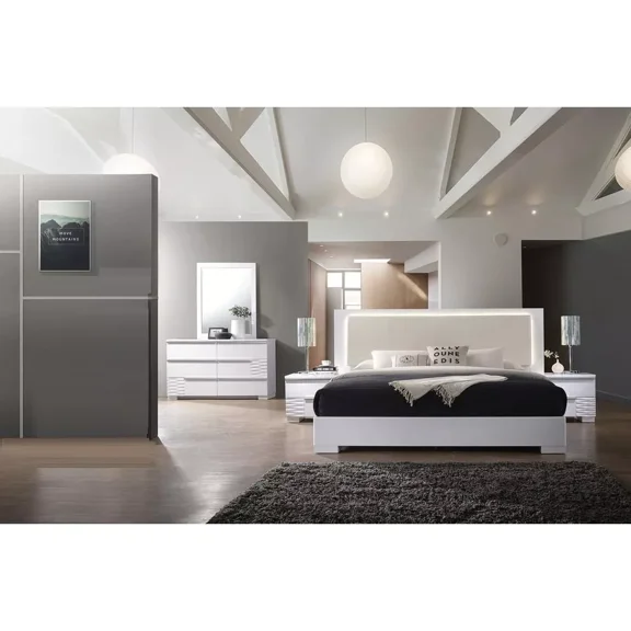 Modern 5 Piece Queen Size Bedroom Furniture Set, LED Lighting Bed, Dresser, Mirror and Nightstand, White Lacquer Finish