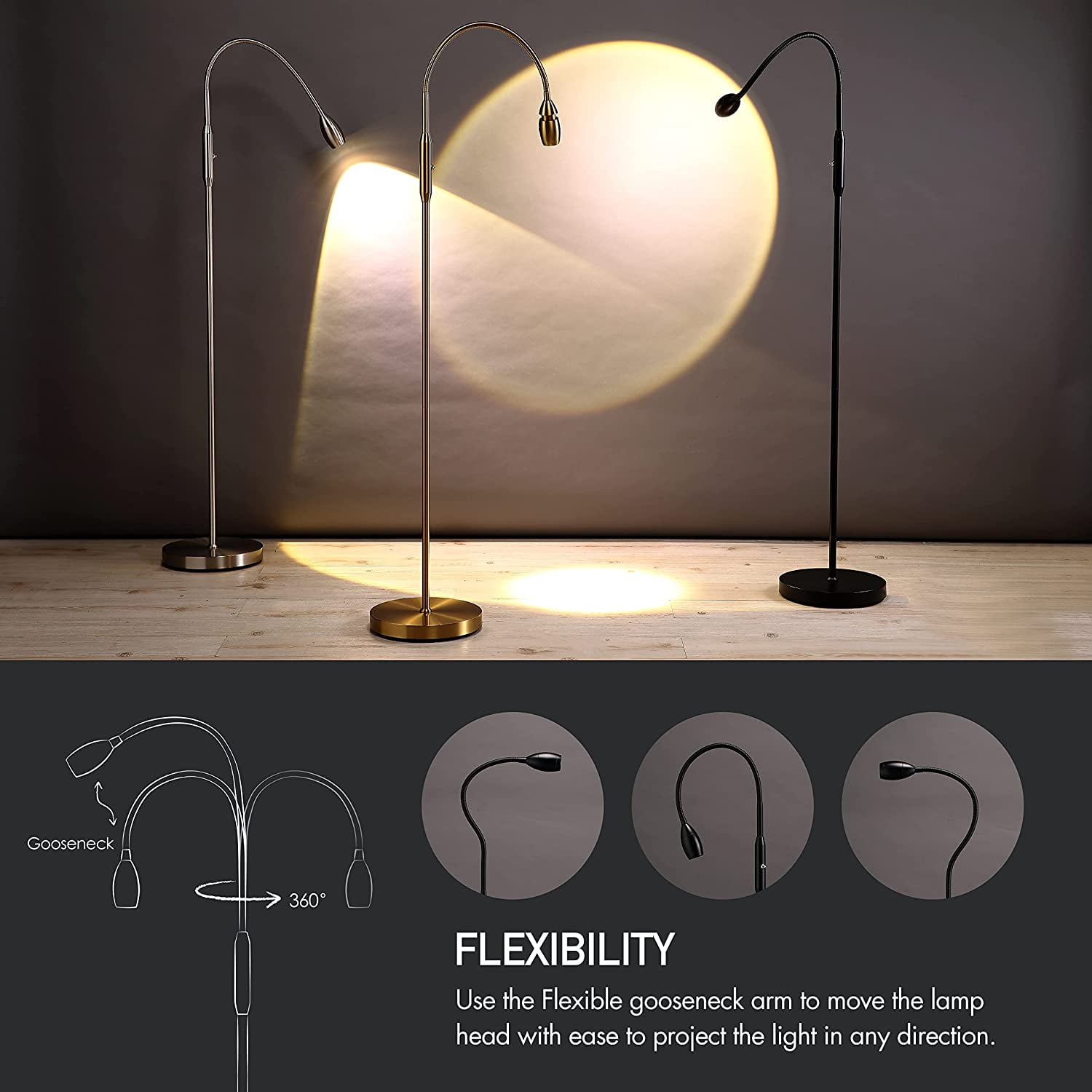 O’Bright Ray – Adjustable LED Beam Floor Lamp, Dimmable and Zoomable Spotlight, Flexible Gooseneck, Reading/Crafting Standing Lamp, Work Table Light, Black