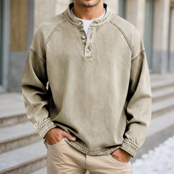 XUANTAOO T Shirts for Men Long Sleeve Button Down Crewneck Henley Shirts Lightweight Khaki Button Up Shirts Men's Summer Shirts