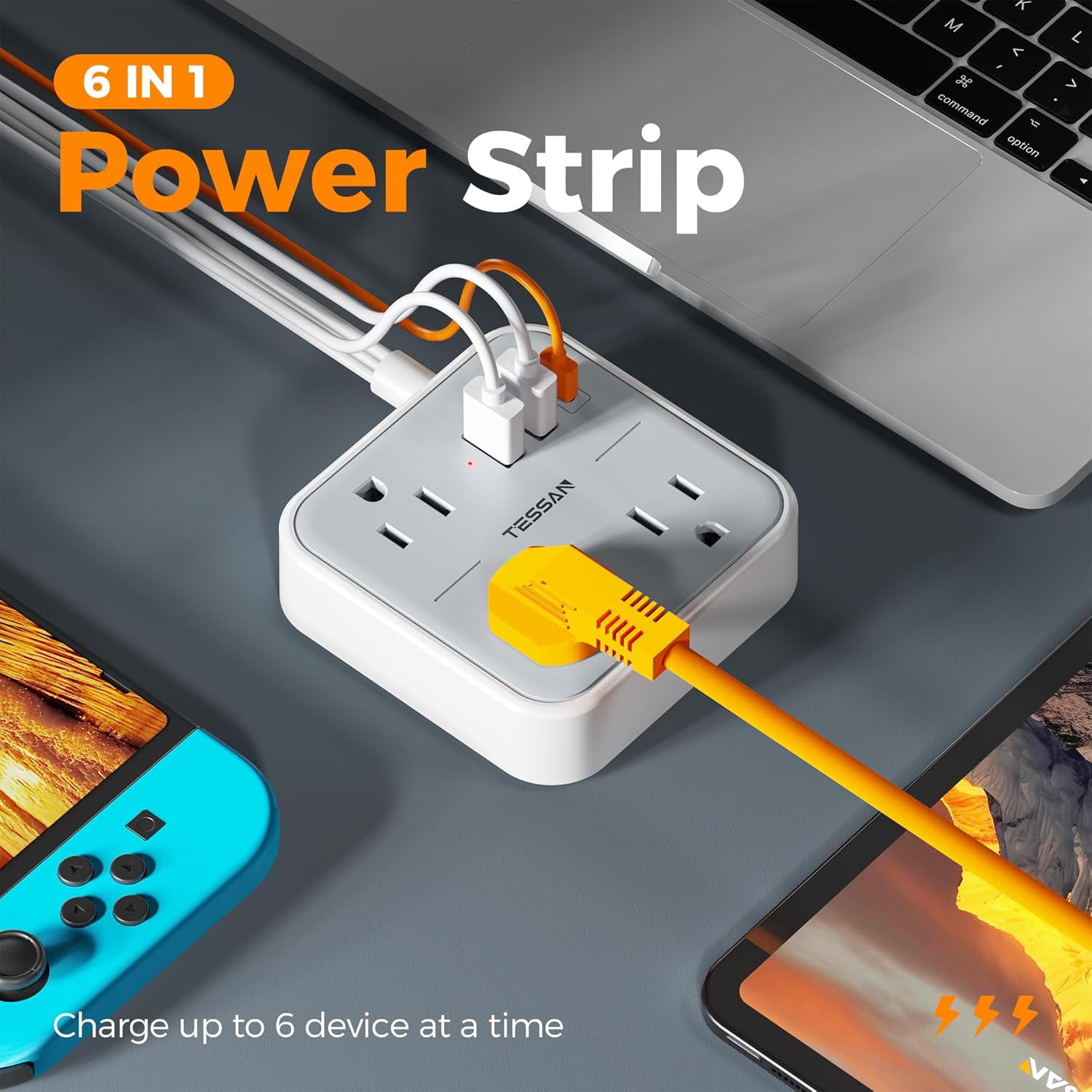 Ultra Thin Flat Extension Cord 5 FT Slim Power Strip with USB Ports (1 C) Surge Protector Plug Wall Charger 3 Outlets for Office School Dorm Room Essentials