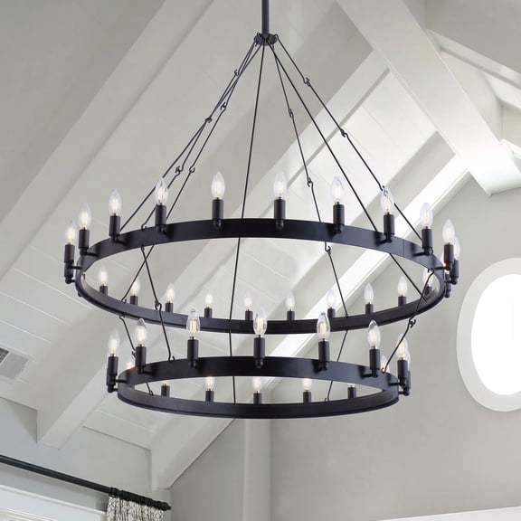 Aiwen 2 Tiers Oversize Wagon Wheel Chandelier Matte Black Metal Frame Industrial Rustic Decorative Ceiling Light