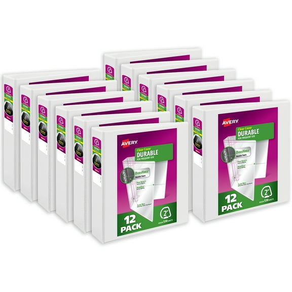 Avery Durable View 3 Ring Binders, 2 inch Slant Rings, 530-Sheet Capacity, DuraHinge, 2.8 inch Wide Spine, Customizable Clear Cover and Spine, White Binders (12-pack of 17032)