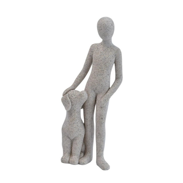 GROWTH TANK Man with Dog Statue Ornament Multipurpose for Heartwarming Gift 5.5x4x16.5cm Light Gray