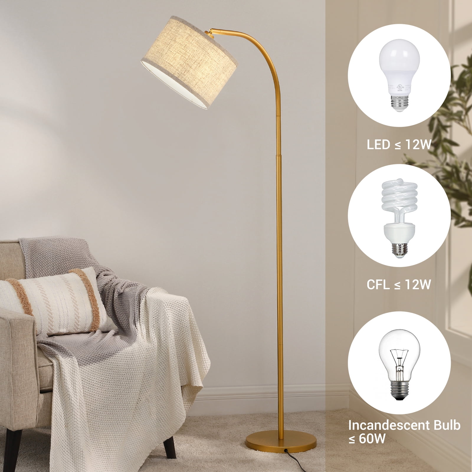 DEWENWILS 63.4-Inch Modern Arc Gold Floor Lamps for Living Room, Metal Standing Lamp with Foot Switch for Bedroom, Office, Decor, Lighting, Adjustable Lampshade