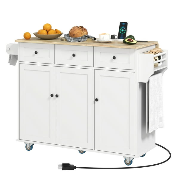 HOMCOM White Kitchen Island Cart with Drop Leaf & Charging Station | Rubber Wood Top, Adjustable Shelf, Storage Drawers/Cabinets | 53.1"W x 29.5"D x 37.2"H | For Kitchen & Dining