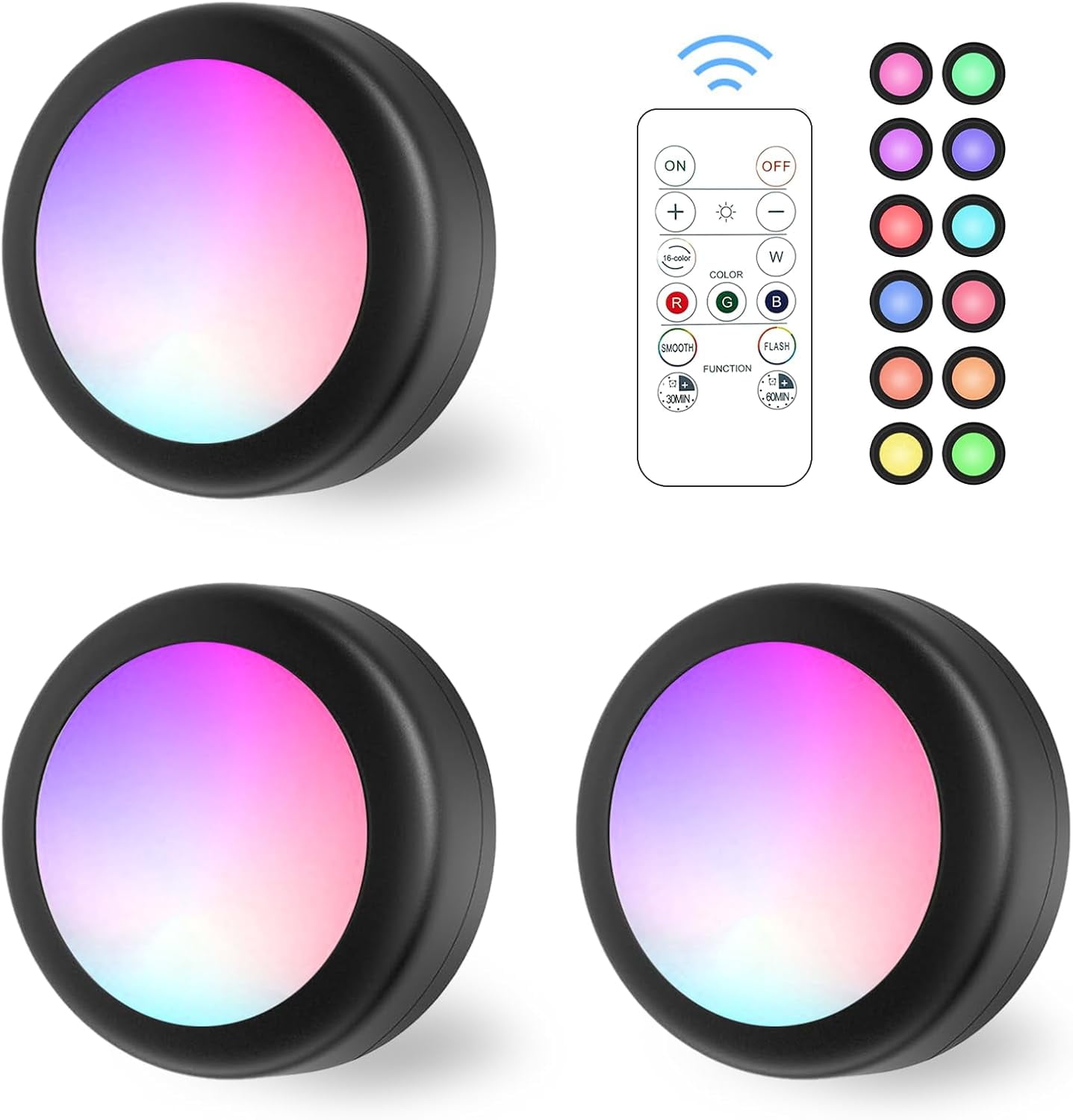 RGHJAR-LED Puck Lights with Remote Control, 16 Color Changeable Under Cabinet Lights with Control & Timing, Battery Operated Wireless Closet Light for Closet, Bedroom,Kitchen,3 Pack - Black
