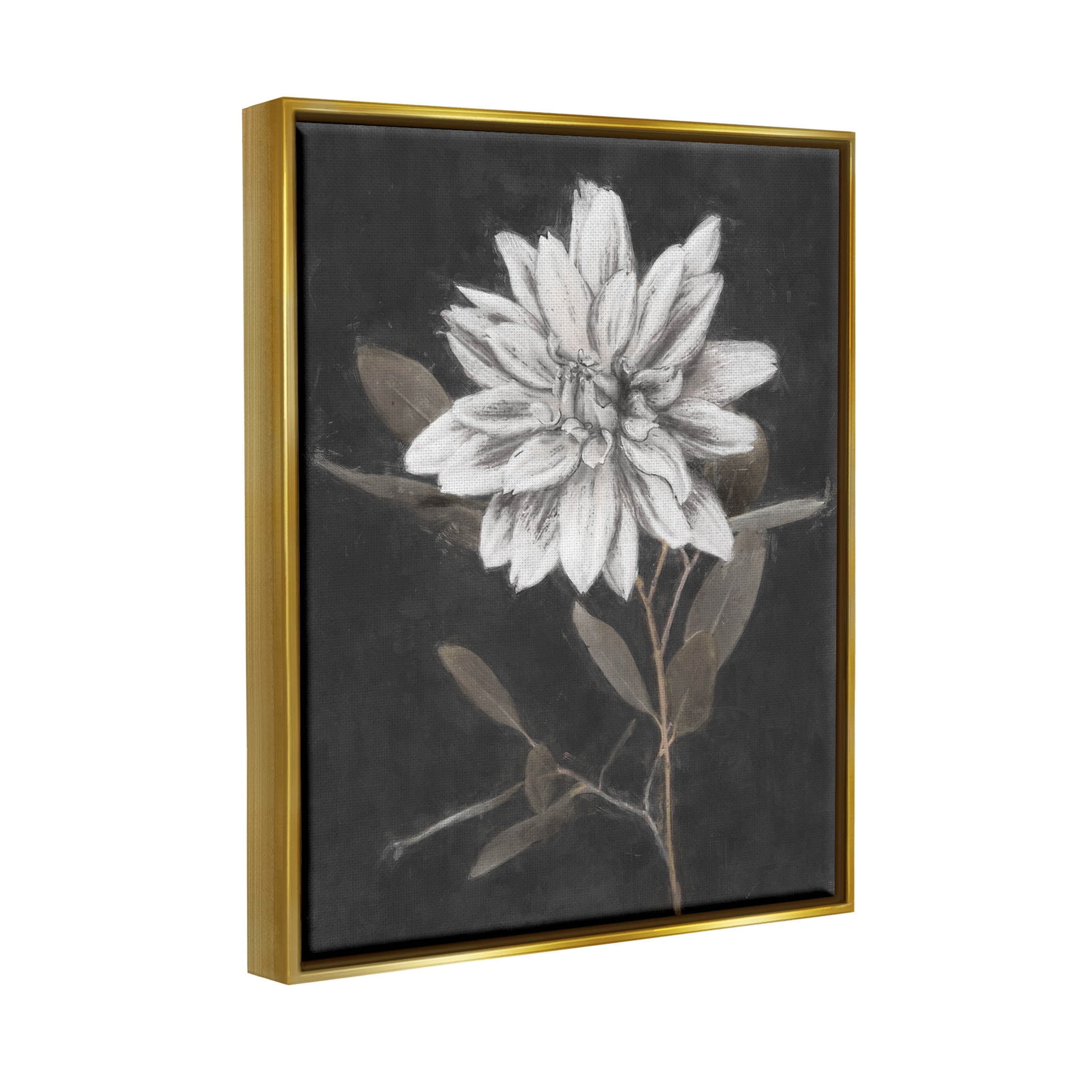 Stupell Industries Modern White Dahlia Blossom Sprout Painting Metallic Gold Floating Framed Canvas Print Wall Art, Design by Nina Blue