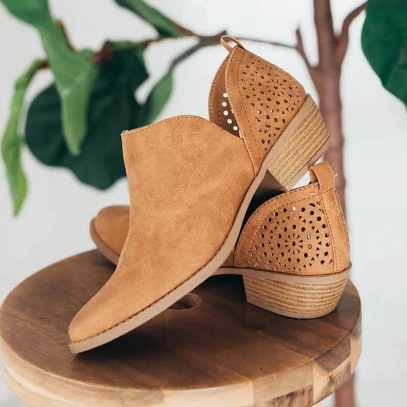 Dakaela Ankle Boots for Women Casual Slip on Loafers Chunky Low Heel Dress Shoes Cut out Work Booties