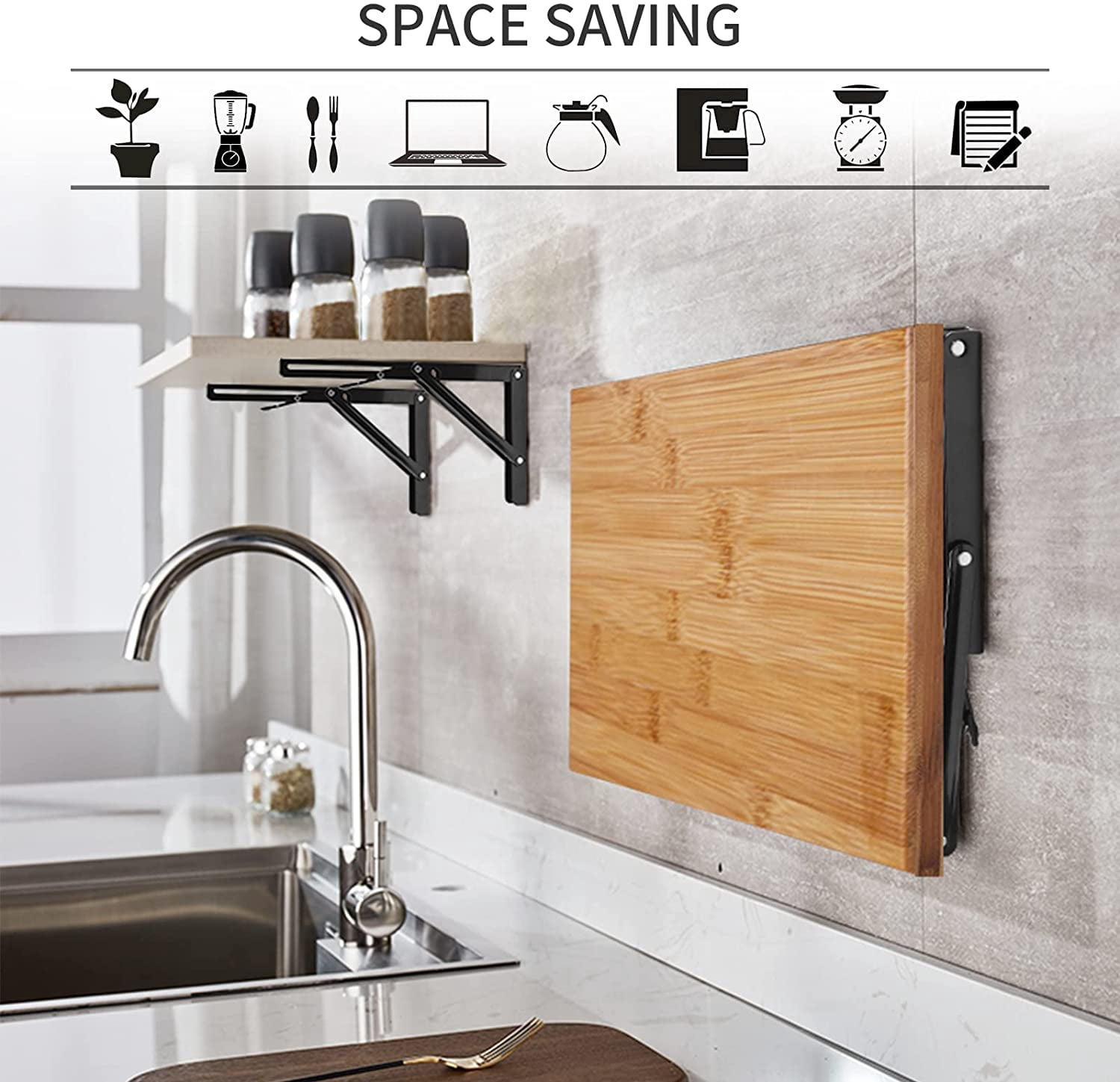 Folding Shelf Brackets – 330lb Heavy Duty Metal Collapsible Wall Mount Bracket, Space-Saving DIY Table Bench (2 Pcs, White 6")