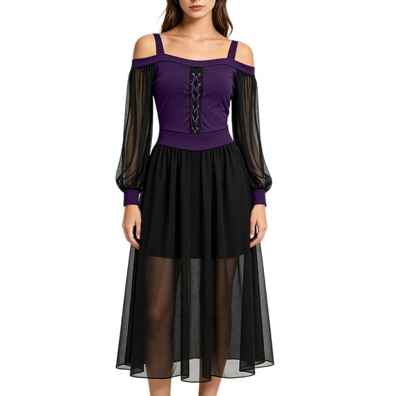 Womens Sheer Mesh Flowy Vampire Dresses Gothic Witch Costume Long Sleeve Cold Shoulder Lace Up Corset Dress for Halloween Cosplay 2026, Purple, M