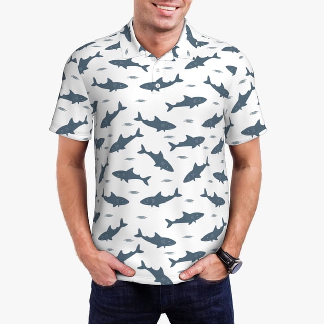 Fotbe Cute Shark Camiseta Polo de Golf para Hombre con Estampado – Camisa Deportiva Transpirable con Cuello Abotonado-3X-Large