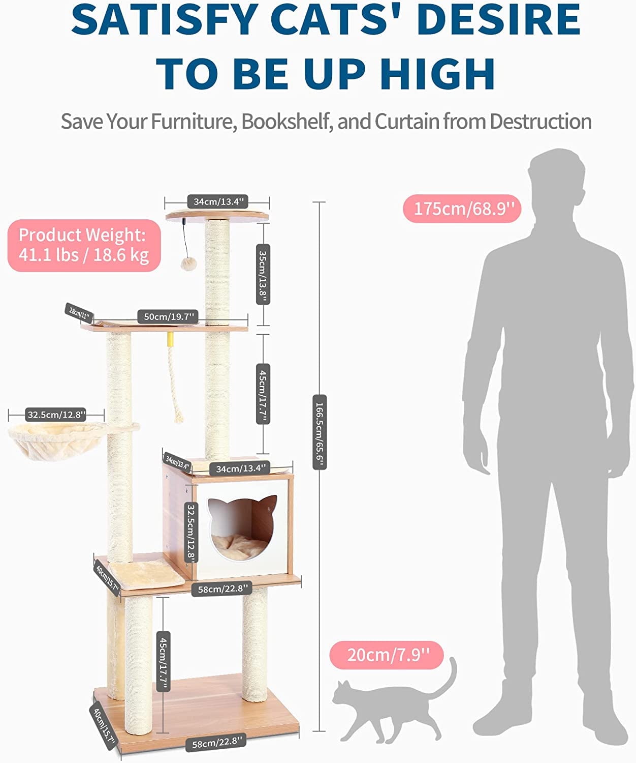 65" Tall Wood Condo Cat Tree Tower with Hammock, Scratching Post and Removable Pads