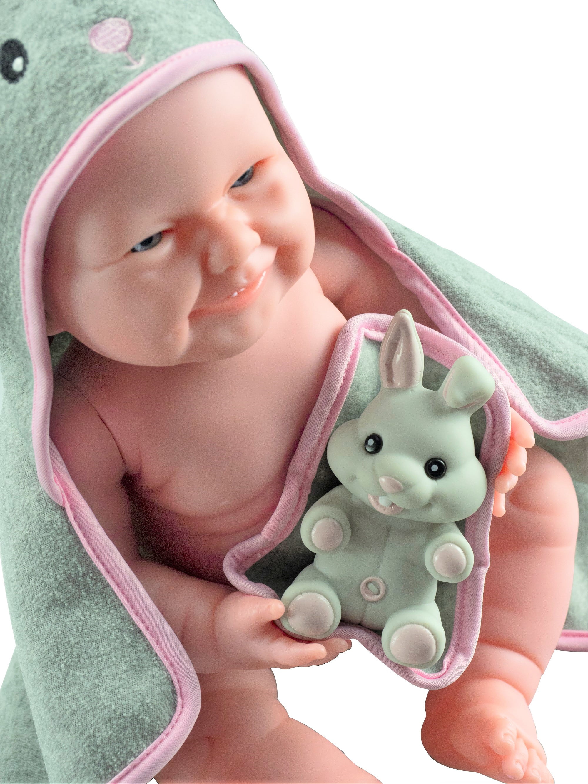 JC Toys Pouty Newborn 17/'/' Baby Doll with teeth in Hooded Bunny Towel new