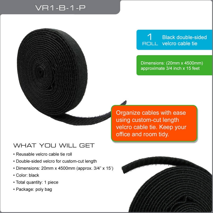 QualGear VR1-B-1-P Self-Gripping Cable Ties, 3/4', x 15', Black, 1 Roll/Poly Bag