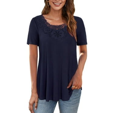 Traleubie Women's Short Sleeve Tunic Tops Lace Crochet Trim Pleated Tops Shirts of Female m-4x