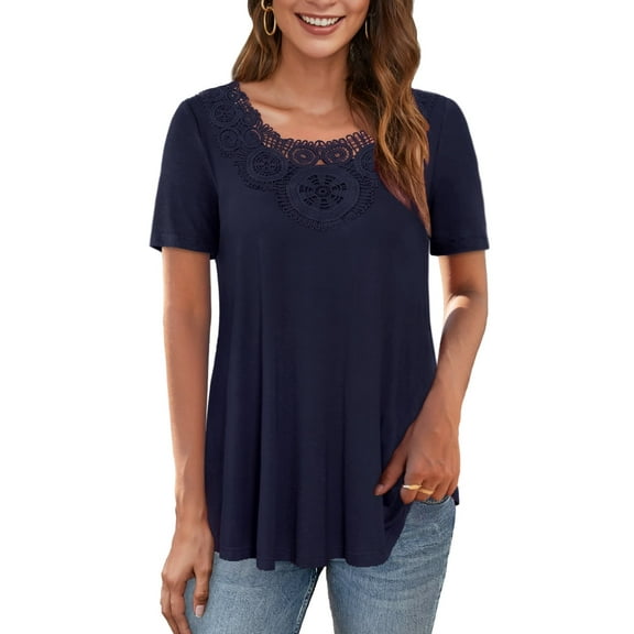Traleubie Women's Short Sleeve Tunic Tops Lace Crochet Trim Pleated Tops Shirts of Female m-4x