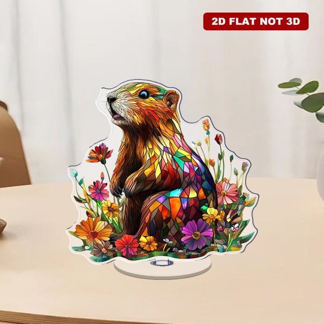 Rotating acrylic ornament featuring a cute marmot amongst flowers with vibrant stained glass details and shimmering rainbow light in ultra high resolution