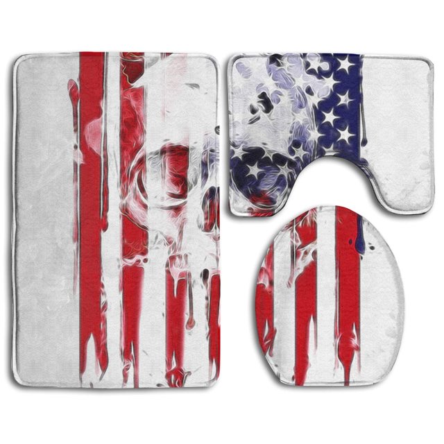 ABPHQTO Cráneo de bandera americana Juego de alfombras de baño de 3 piezas Alfombra de baño Alfombra de contorno y tapa de inodoro ABPHQTO Cont-CHAPPLE-33332
