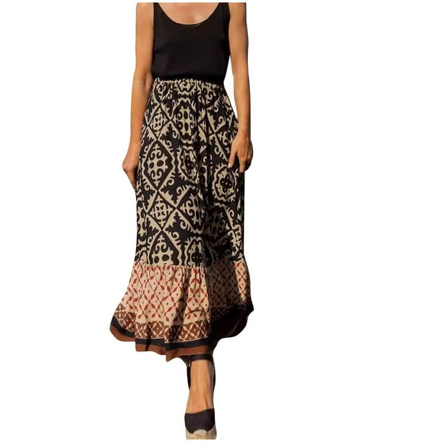 Birdeem Long Skirts for Women Womens Popular Summer New Print Loose Patchwork Ruffled A-Line Large Hem Skirt