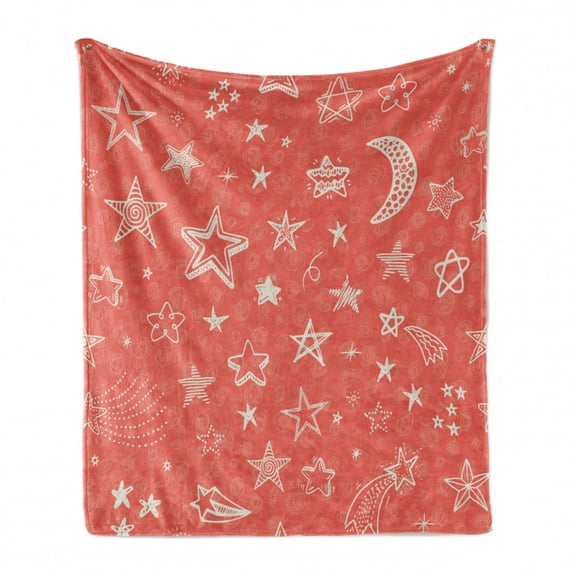 Star Soft Flannel Fleece Throw Blanket, Moon and Stars Theme Pattern Starry Night Shooting Stars Space Galaxy Kids Style, Cozy Plush for Indoor and Outdoor Use, 50" x 60", Coral White, by Ambesonne