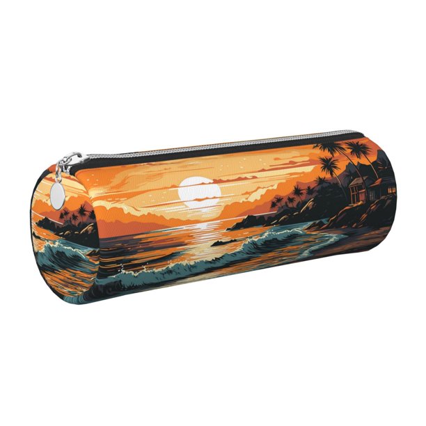 Easygdp Serene Ocean Sunset para Estuche de Lápices Cilíndrico de Cuero con Cremallera, Organizador de Lápices de Cuero para Escuela, Oficina y Viajes